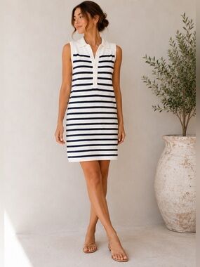 Navy White Striped Knit Sweater Dress Coastal Preppy M